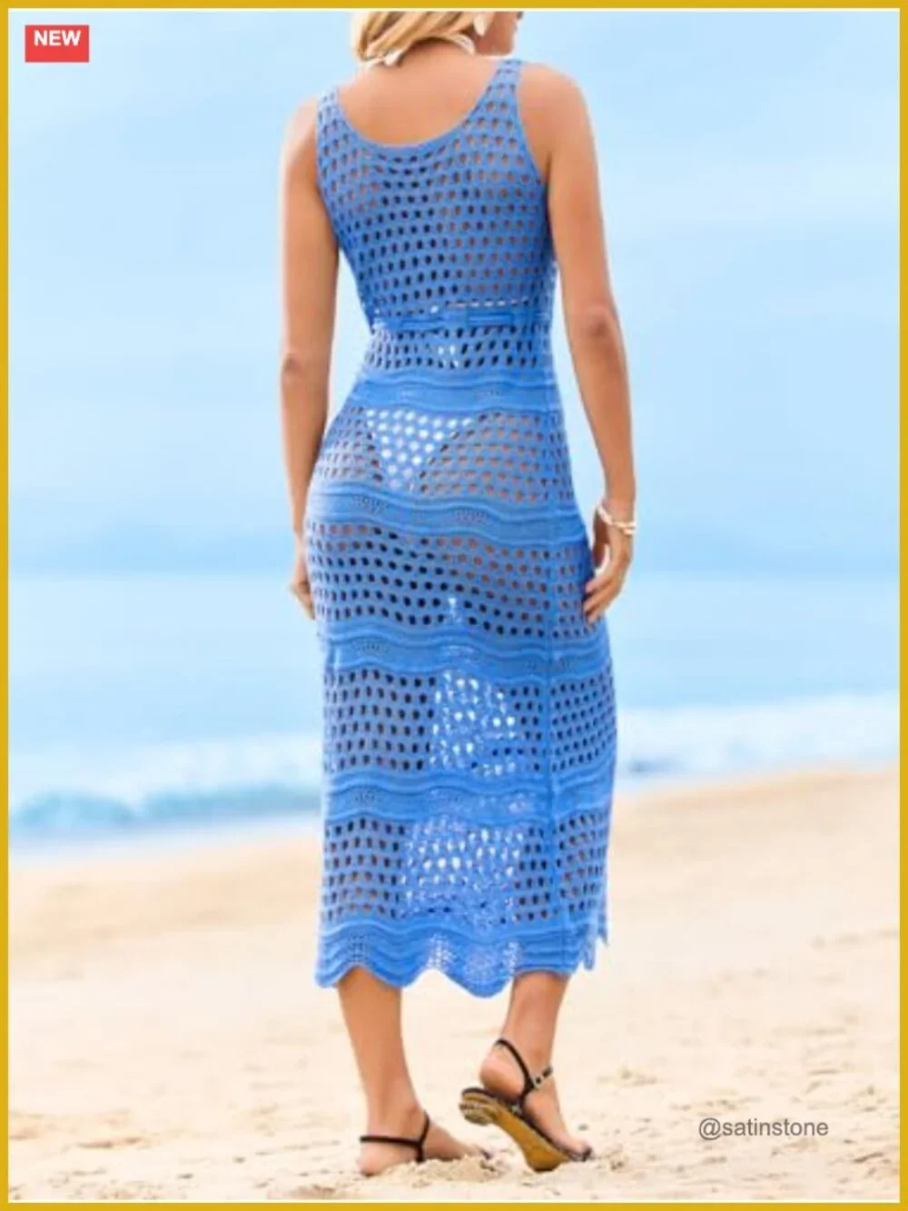 Crochet Beach Cover Up Dress Sleeveless Scoop Neck Drawstring Long